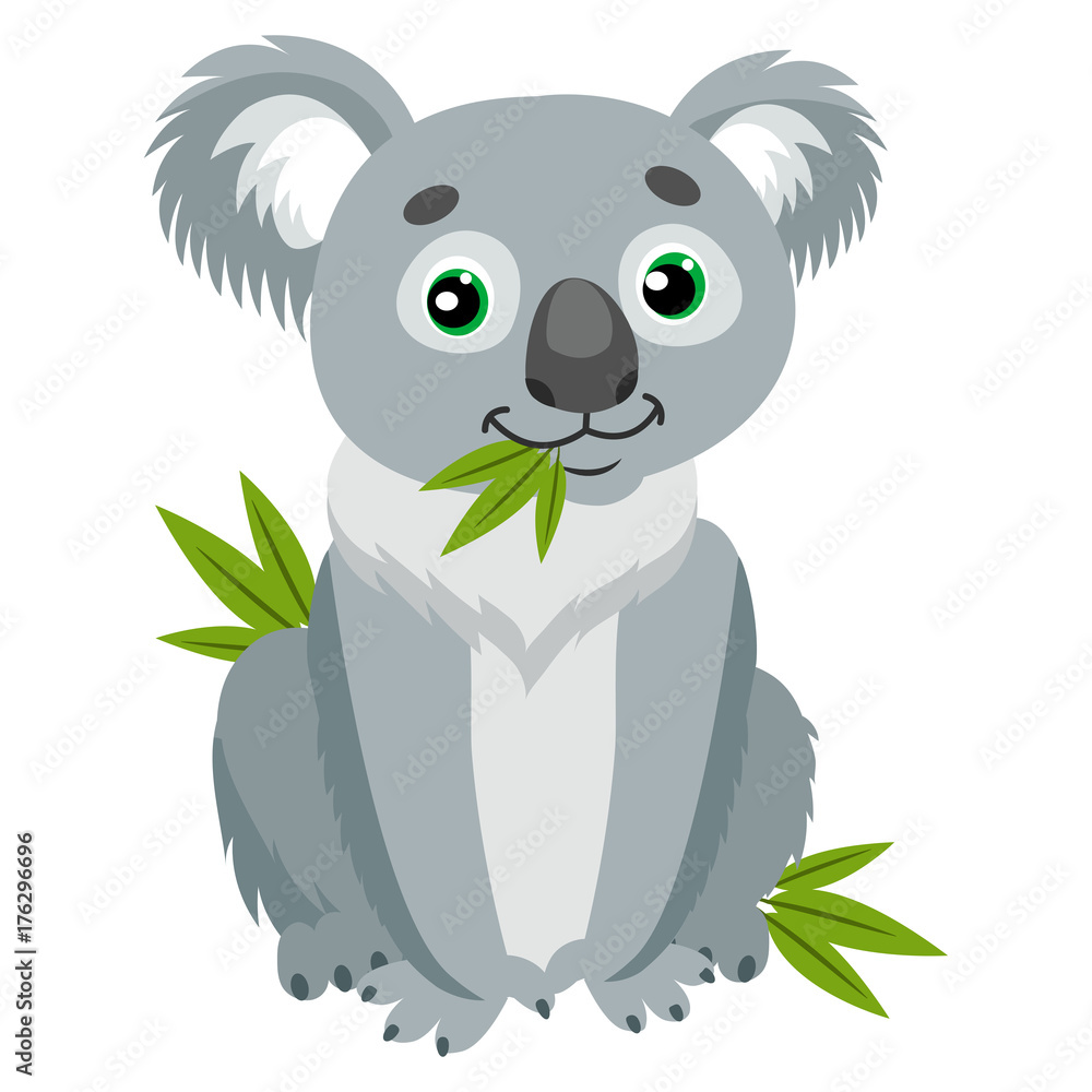 Fototapeta premium Niedźwiedź Koala Na Zielonych Liściach. Australijskie zwierzę najzabawniejszy roślinożerca siedzący na eukaliptusie. Siedzący niedźwiedź kreskówka wektor ilustracja. Kultowe torbacze.