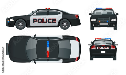 Vector Police car with rooftop flashing lights, a siren and emblems. Template isolated illustration. View front, rear, side, top. Change the colour in one click.
