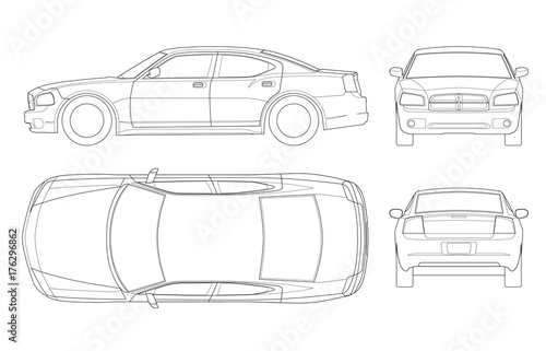 sedan car in outline. Business sedan vehicle template vector isolated on white. View front, rear, side, top. All elements in groups