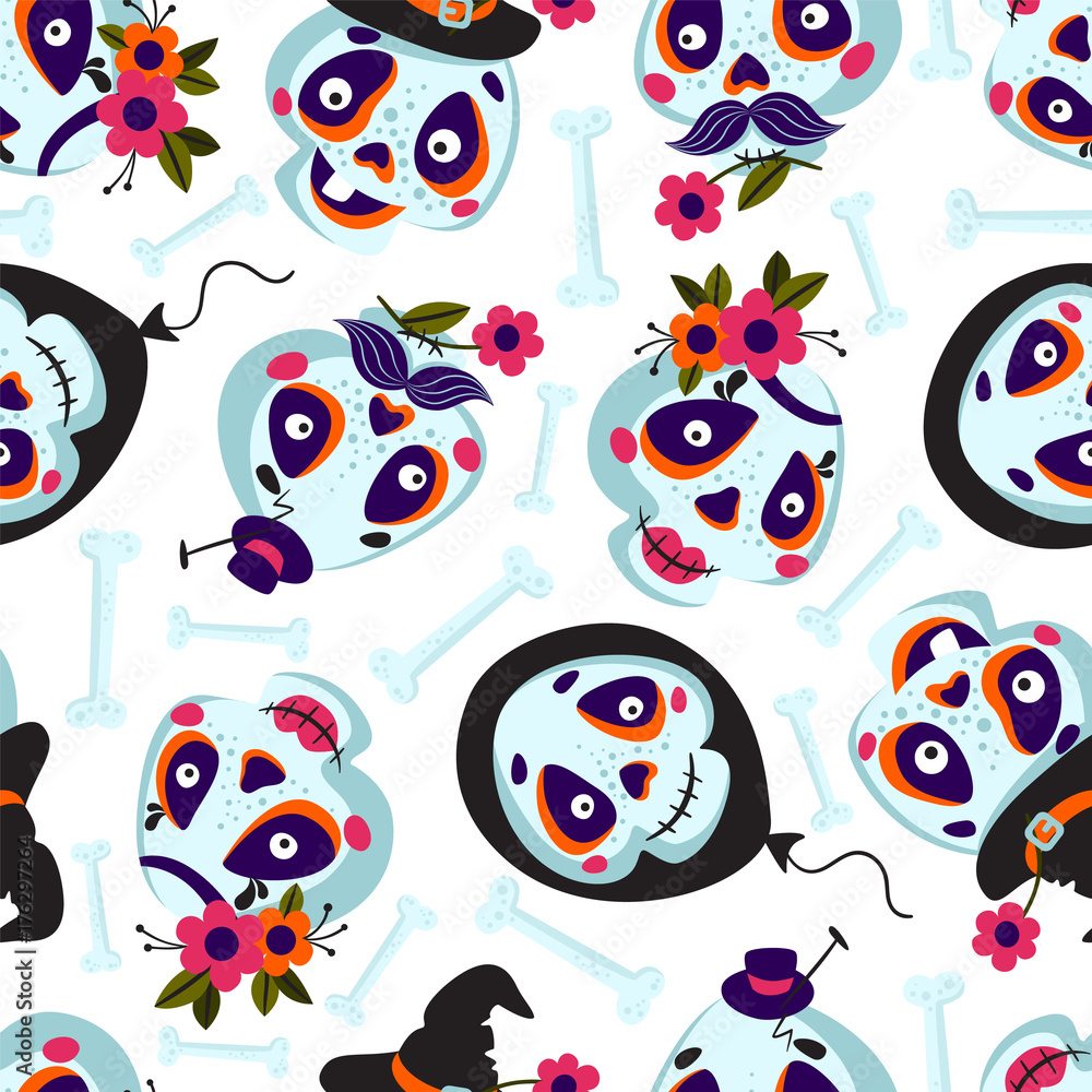 Seamless pattern of cartoons Skull and bones. Background with Cute Skull Faces. Vector texture Illustration of a Halloween Skull. Mexican day of the dead.