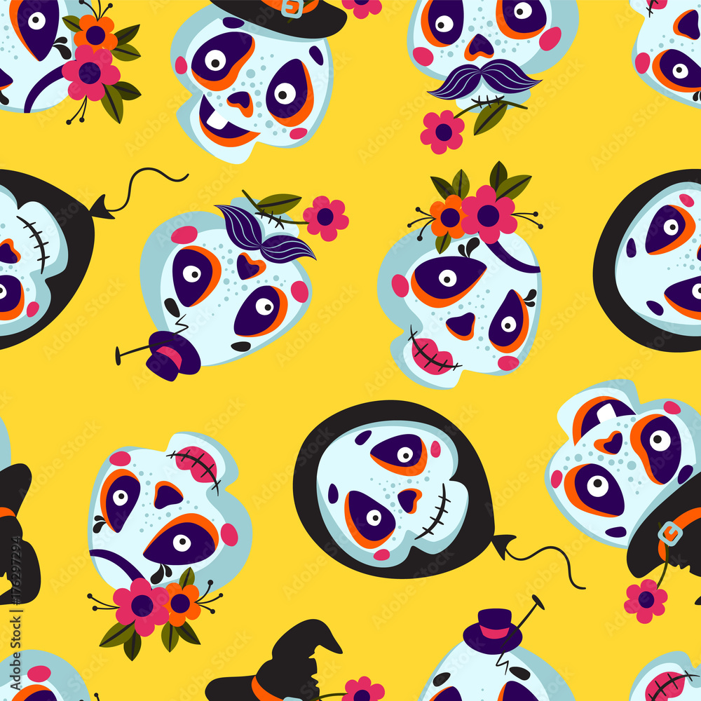 Naklejka premium Seamless pattern of cartoons Skull. Background with Cute Skull Faces. Vector texture Illustration of a Halloween Skull. Mexican day of the dead.