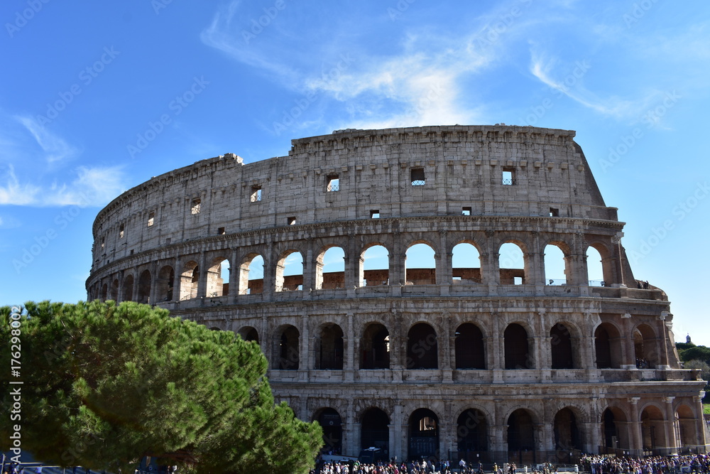 Colosseum in Rome with blue sky