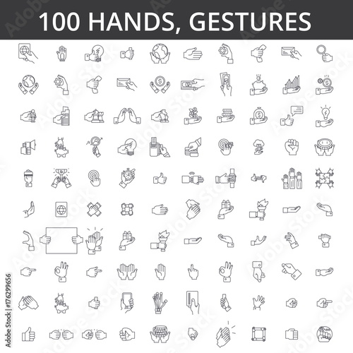 Hand gesture, touch, finger, palm, handshaking, forefinger, okey, body language, take money, pay by card line icons signs Illustration vector concept Editable strokes