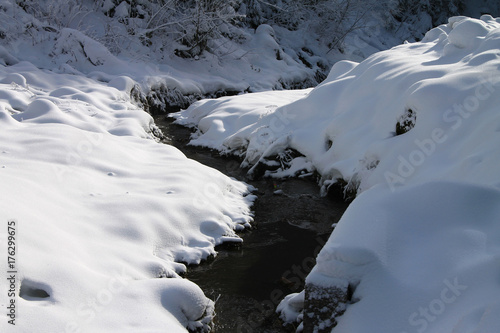 Small mountain stream with snow , winter scene