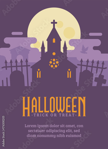 Halloween poster with gothic cemetery and a haunted chapel. Haunted graveyard flat illustration flyer with text. Trick or treat. Dark fantasy background