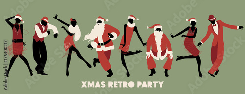 Retro Christmas party. Group of four men and four girls wearing Santa Claus costumes and clothes of the 1920s, dancing charleston