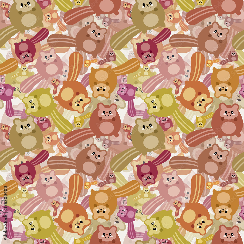 Fototapeta premium Crazy squirrel mess pattern. Pattern illustration of a Autumn kawaii mess of little cute squirrel with cat faces. All this joy is needed for the celebration of Autumn’s arrival.