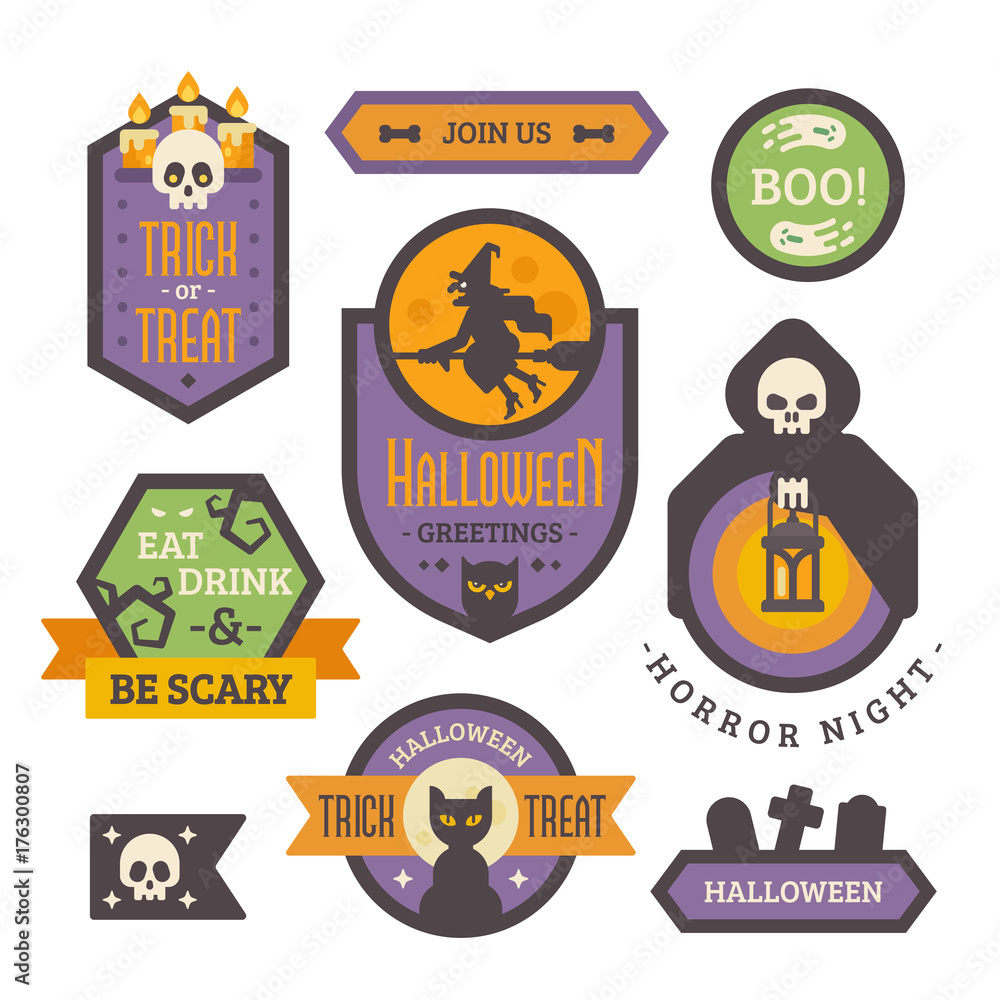 Set of Halloween badges. Flat holiday elements and banners. Trick or treat. Retro Halloween labels