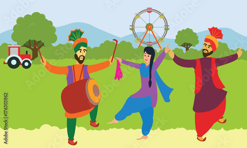 Happy Baisakhi. Man and woman performing Bhangra folk dance of Punjab. Indian cultural festival celebration concept illustration vector.