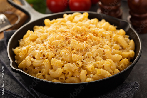 Mac and cheese in a cast iron pan photo