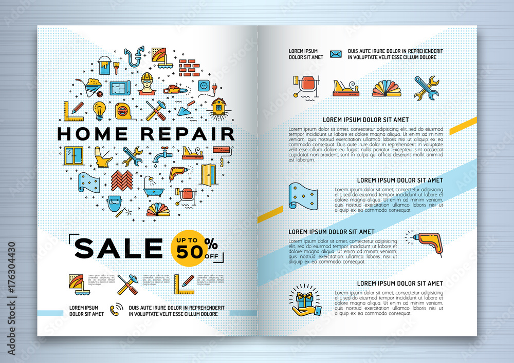 Repair House Brochure, Renovation Home template flyer. Thin line art design, Vector flat illustration
