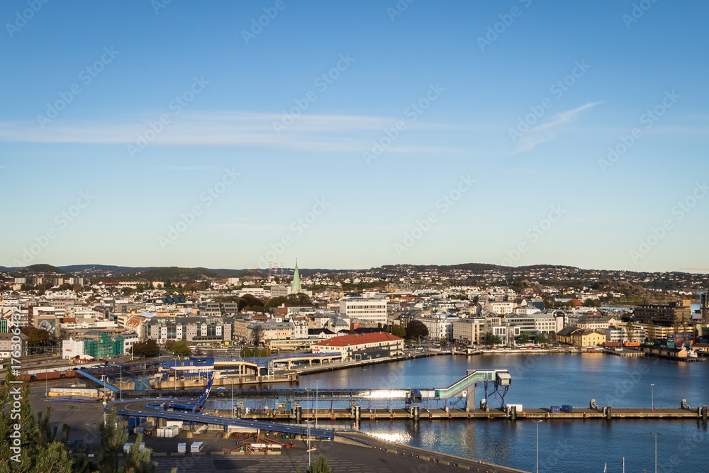 The city of Kristiansand, Norway, seen from above at a distance.