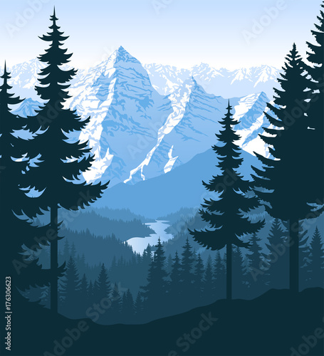 vector morning in beautiful mountains forest with river