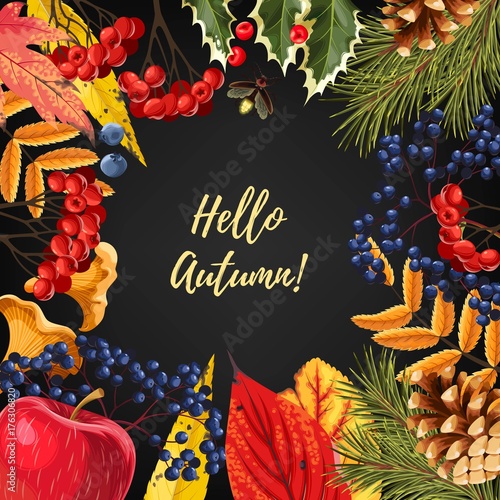 Autumn card with leaves and berries