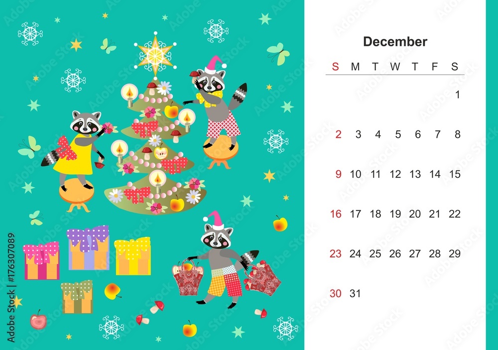 December. Colorful monthly calendar 2018 with cute raccoon. Lovely page design for kids. Winter holidays - Christmas and New Year. December. Colorful monthly calendar 2018 with cute raccoon. Lovely page design for kids. Winter holidays - Christmas and New Year.