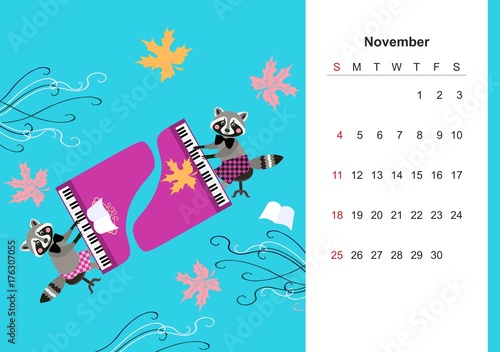 November. Colorful monthly calendar 2018 with cute raccoon. Lovely page design for kids. Musicians at the grand piano among autumnal leaves.