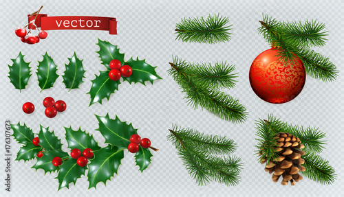 Christmas decorations. Holly, spruce, red berries, christmas bauble, conifer cone. 3d realistic vector icon set