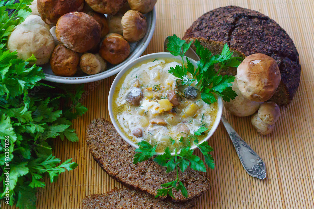 Prepared at home soup from boletus with sour cream and black bread.