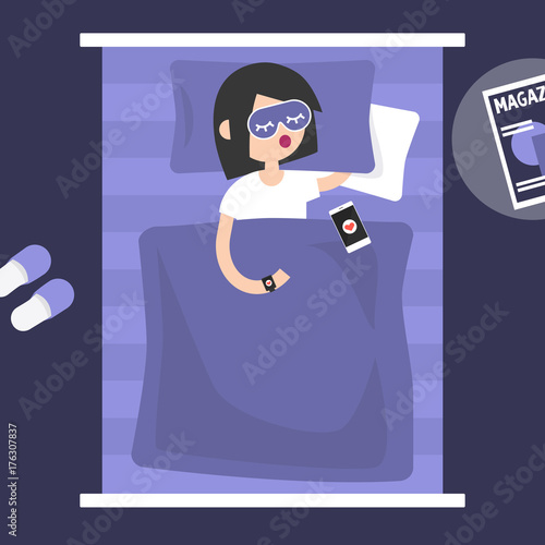 Sleeping tracker. Young female character wearing a wearable gadget in bed to control the quality of sleep. Flat editable vector illustration, clip art