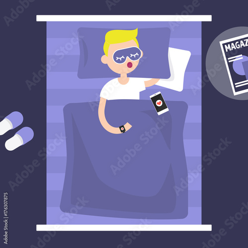 Sleeping tracker. Young character wearing a wearable gadget in bed to control the quality of sleep. Flat editable vector illustration, clip art