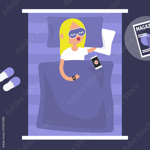 Young female character wearing a wearable gadget in bed to control the quality of sleep