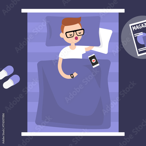 Sleeping tracker. Young character wearing a wearable gadget in bed to control the quality of sleep. Flat editable vector illustration, clip art