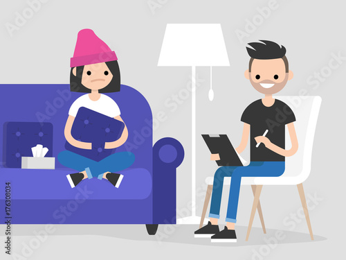 Fototapeta Naklejka Na Ścianę i Meble -  Young character visiting a psychologist doctor. Mental health care. Flat illustration. Patient sitting on a sofa and hugging a pillow. Young friendly doctor listening to a patient and making notes