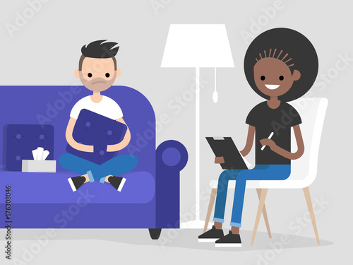 Young character visiting a psychologist doctor. Mental health care. Flat illustration. Patient sitting on a sofa and hugging a pillow. Young friendly doctor listening to a patient and making notes