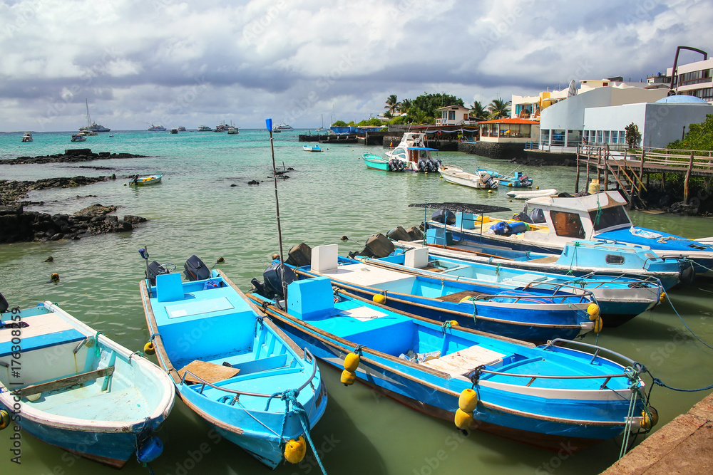 Obraz premium Boats anchored at Puerto Ayora on Santa Cruz Island, Galapagos National Park, Ecuador