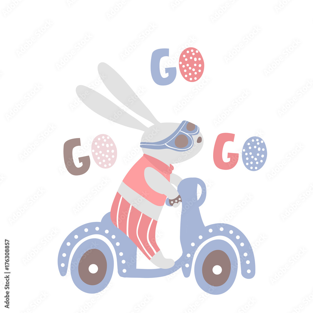 Cartoon bunny on scooter. Rabbit cartoon print for kids apparel, nursery.  Greeting background. Vector Illustrtion vector de Stock | Adobe Stock