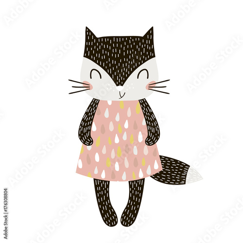 Plakat Kreskówka kot dziewczyna w stylu skandynawskim. Dziecięcy nadruk dla przedszkola, odzieży dziecięcej, plakatu, pocztówki. Ilustracja wektorowa