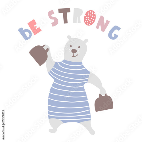 Cartoon bear strongman . Bear circus artist. Greeting background. Vector Illustrtion