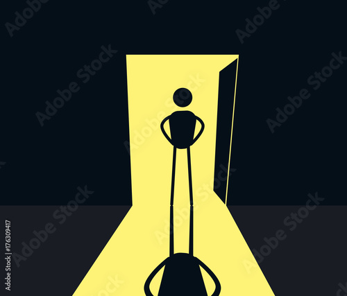 Mysterious scene with a cartoon stick figure silhouette on a dark room with the door open. Vector illustration