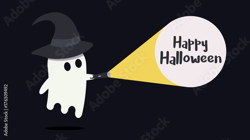 Cute ghost character with a witch hat just found the Happy Halloween message with his flashlight. Vector illustration