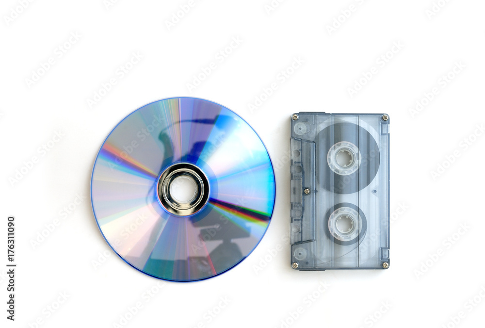 tape cassette and digital compact disc isolated on white background tape cassette and digital compact disc isolated on white background