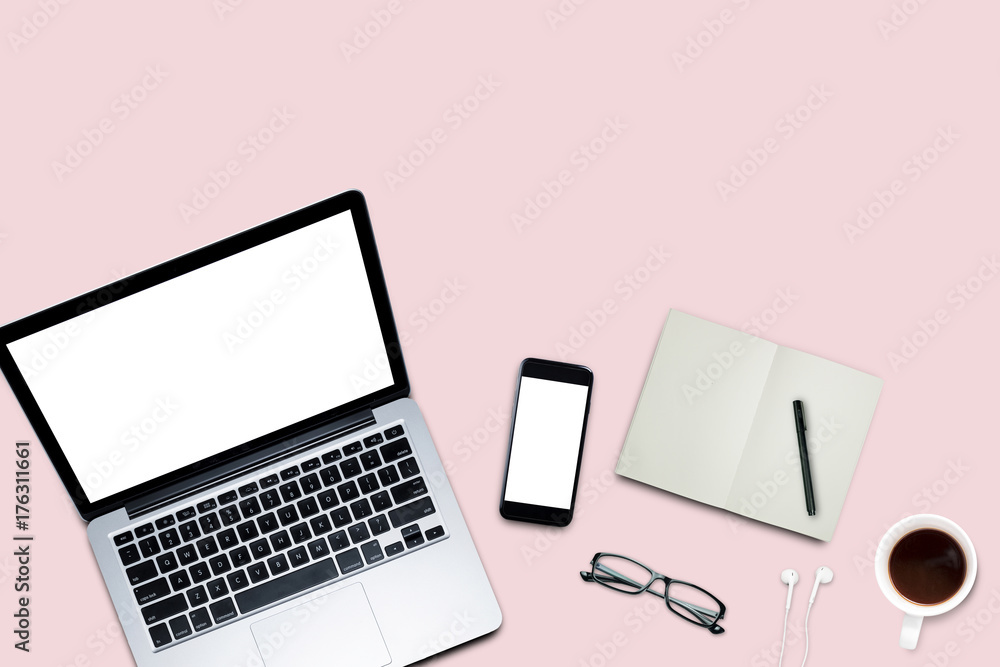 Top view, Working desk, computer, laptop, smart phone, coffee mug, glasses and notebooks on pastel color background with copyspace for text. Top view, Working desk, computer, laptop, smart phone, coffee mug, glasses and notebooks on pastel color background with copyspace for text.