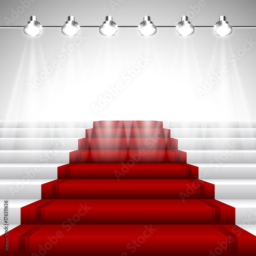 Illuminated Red Carpet under Spotlights over White Stairway with Perspective View