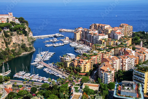 Fototapeta Naklejka Na Ścianę i Meble -  View of Monaco City and Fontvieille with boat marina in Monaco.