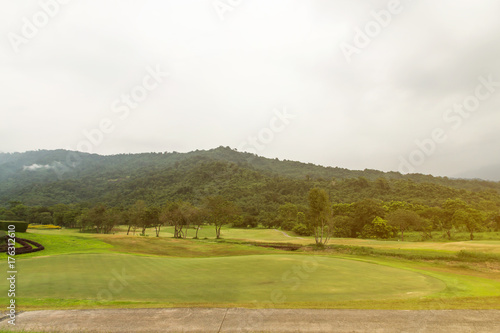 Beautiful corner of the green garden in golf club with sky and mist background,decoration gardening