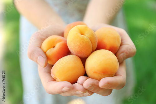 Woman holding fresh apricots on blurred background