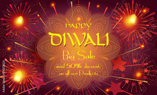 Diwali sale banner, burning diya - oil lamp traditional symbol. Happy Diwali Holiday Sale promotion text, abstract fireworks, mandala decoration for Deepavali light festival India