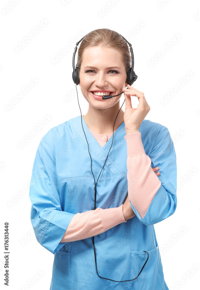 Young female receptionist wearing headset, isolated on white Young female receptionist wearing headset, isolated on white