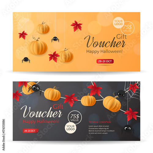 Vector set of gift vouchers for Halloween Sale with paper pumpkins, spiders and red maple leaves. Holiday orange, dark background for gift card, coupon and certificate for special and discount offers