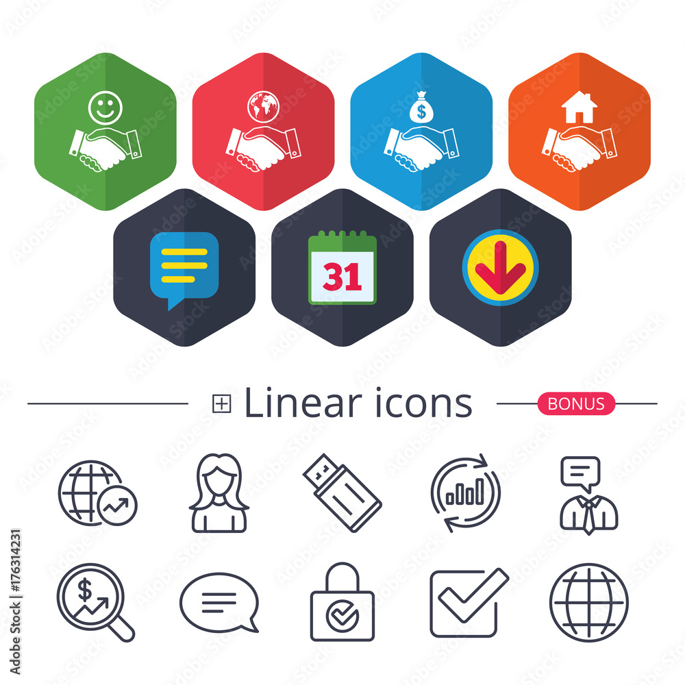 Handshake icons. World, Smile happy face. Handshake icons. World, Smile happy face.