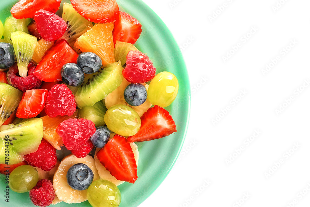 Plate with yummy fruit salad isolated on white Plate with yummy fruit salad isolated on white