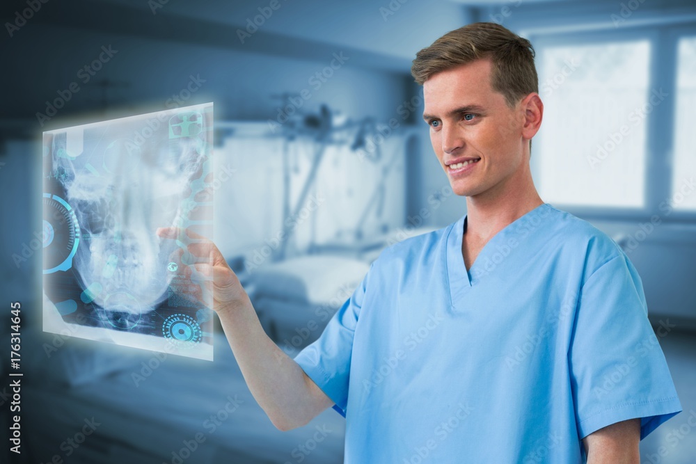 Composite image of male nurse touching an invisible screen 3d Composite image of male nurse touching an invisible screen 3d