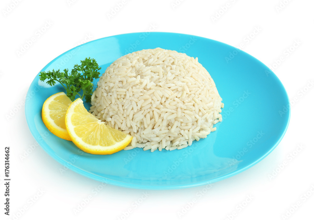 Plate with cooked rice ball on white background Plate with cooked rice ball on white background