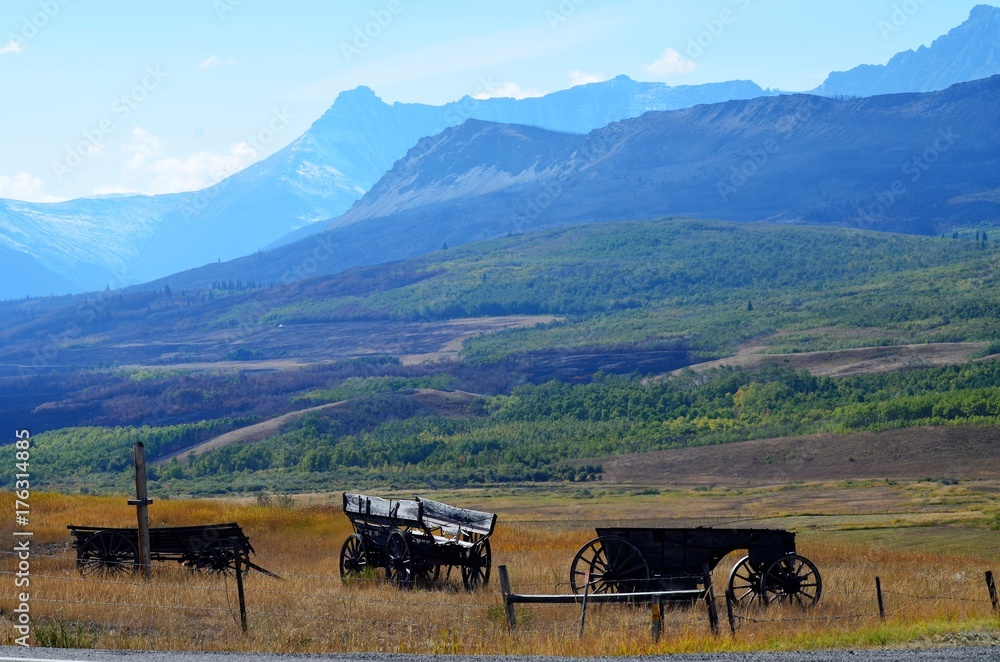 Naklejka premium Old wooden wagons overlooking the mountains !
