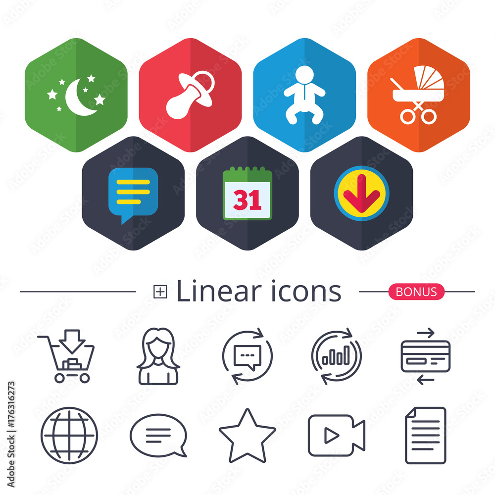 Moon and stars. Baby infant icon. Buggy, dummy. Moon and stars. Baby infant icon. Buggy, dummy.