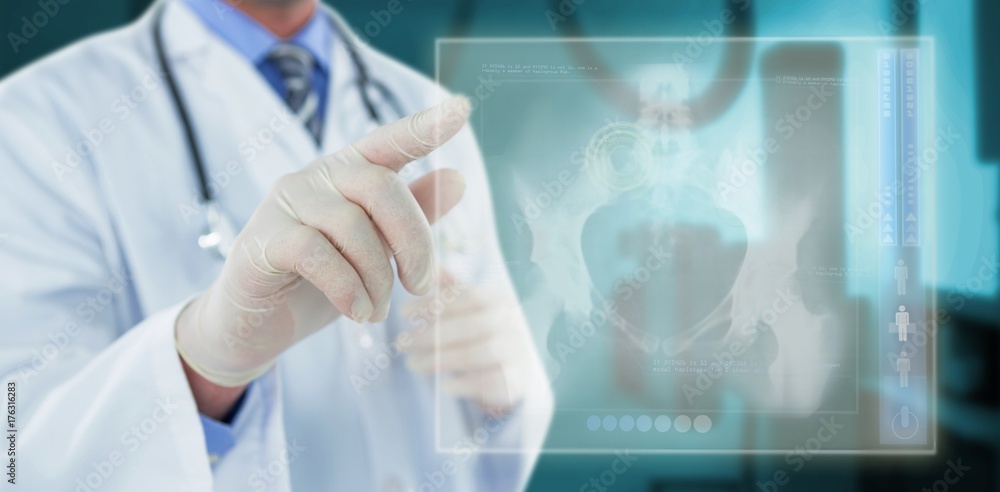 Composite image of doctor touching an digital screen 3d